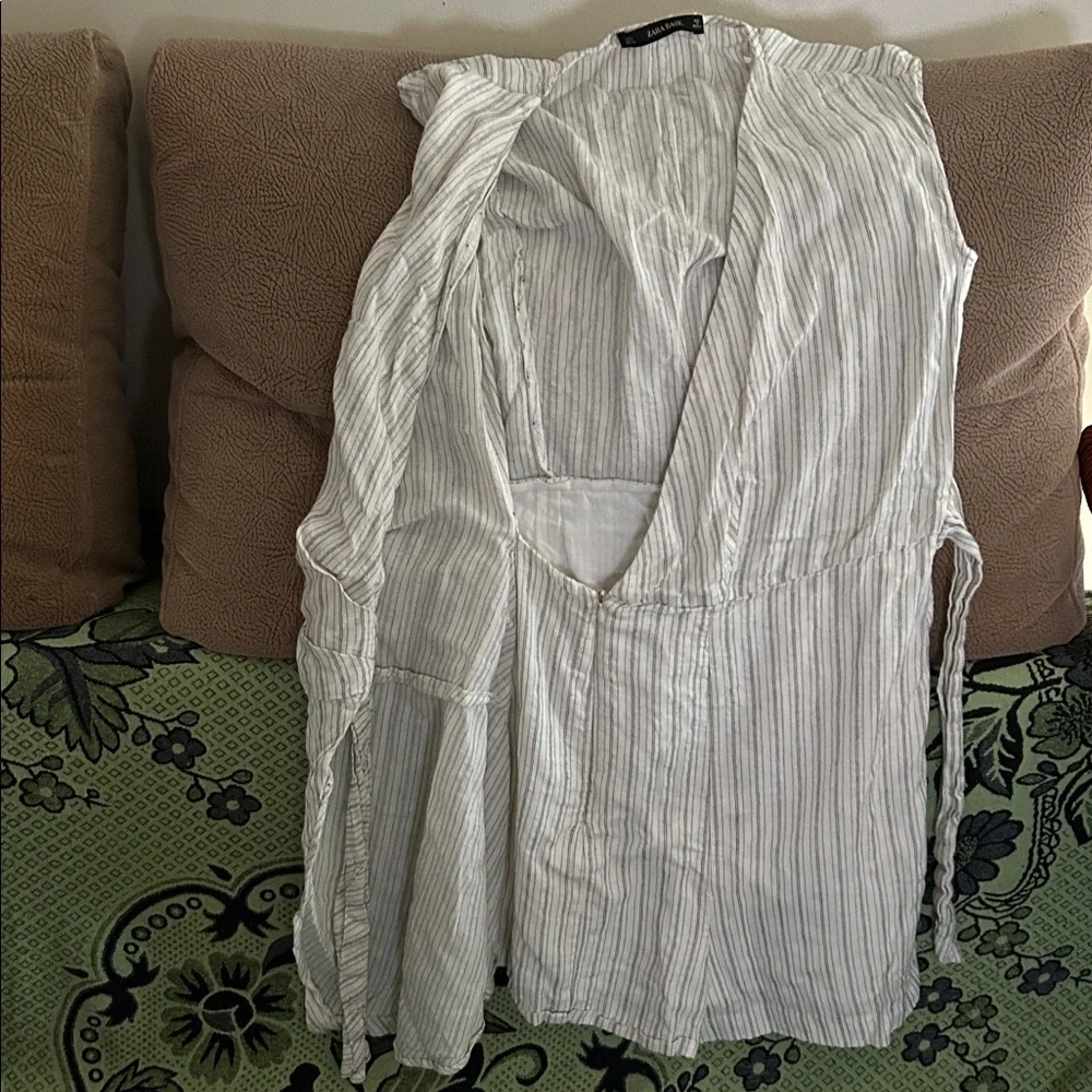 Zara Basic White and Black Striped wrap tie linen romper/jumpsuit